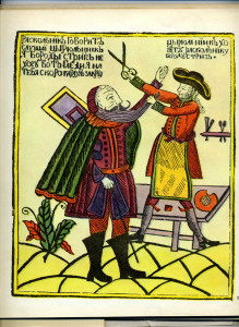 Caricatura "Barbeiro quer cortar barba do rebelde" Lubok, 1770