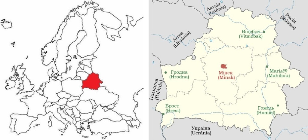 A esquerda: Localização de Belarús na Europa. A direita: Mapa de Belarús com as cidades principais - capitais das regiões administrativas.